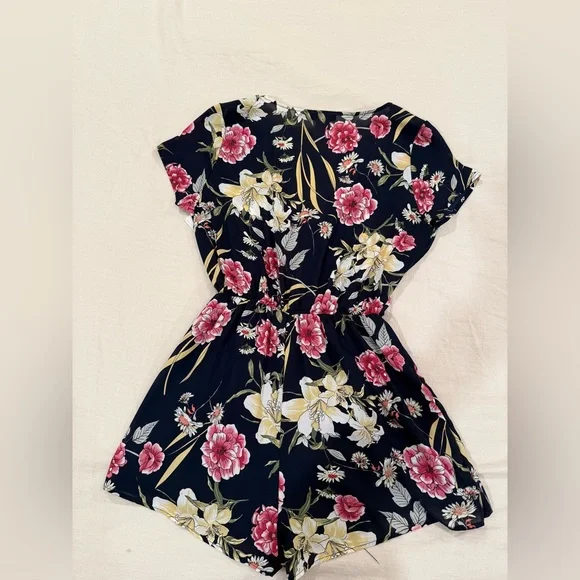 Floral V-Neck Romper - Navy and Pink - Picture 2 of 9